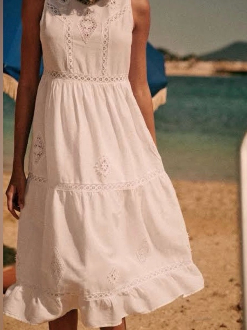 Sezane Zarri embroidered white/ecru lace midi dress.  Cotton/linen. Size 38 - Picture 2 of 15